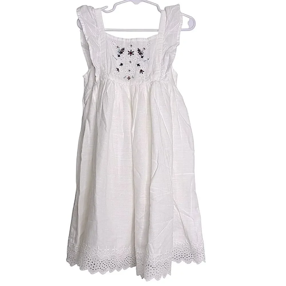 Old Navy White Floral Embroidered Kids Dress Ruffled Cotton Blend Sleeveless 5T